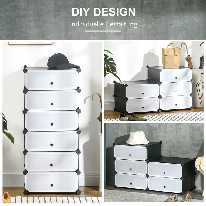 HOMCOM Shoe Rack, Plastic Shelf for 6 Pairs of Shoes, Shoe Box for Entryway, DIY Stackable Shelf, Shoe Storage, Black+White, 49 x 36.5 x 108 cm | Aosom