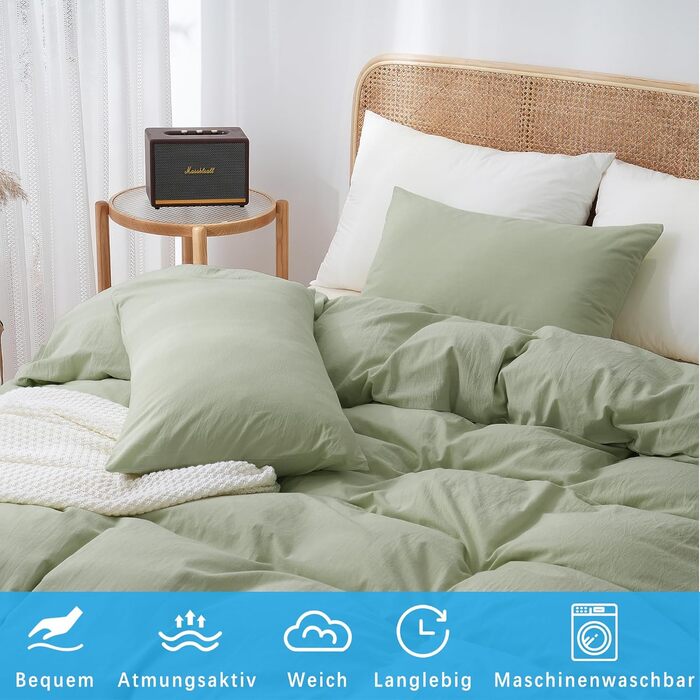 Комплект постільної білизни ATsense 155x220 см, бавовна, 2 предмети, світло-зелений, сертифікат ÖkoTex, лляна текстура, дихаючий, 1 підковдра і 1 наволочка 80x80 см