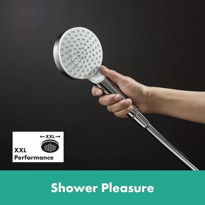 hansgrohe Croma Select E - water-saving showerhead 9 l/min (EcoSmart), hand shower with 3 spray patterns, square shower head (110 x 110 mm), showerhead with water-saving function and anti-limescale feature, White/Chrome