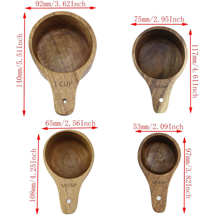 Wooden measuring cups and spoons, for baking, cooking, spices, coffee, tea, powdered milk, set of 4