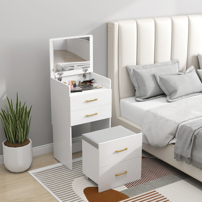 HOMCOM 3-in-1 Vanity Table with Mirror, Nightstand, Rolling Stool, Drawers, White