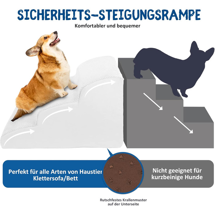 Dog stairs, dog stairs for small dogs, waterproof dog stairs 40 cm high, injury prevention, high-quality sponge cat stairs, non-slip, washable dog ramp for sofa, bed, car (3-step dog stairs, White)