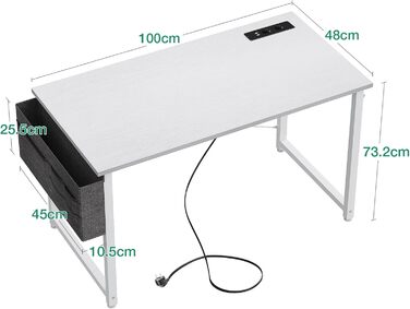 Комп'ютерний стіл Coleshome 100x48 см з розетками, тримачем для навушників та кишенькою для зберігання. Білий офісний/ігровий стіл для дому та офісу.