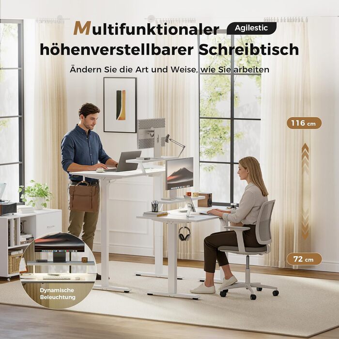 Електричний регульований стіл Agilestic з підсвічуванням, USB-портом та мобільним кріпленням для монітора, 120 x 80 см (Білий)