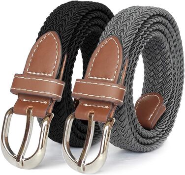 Еластичний жіночий/дівчачий ремінь 2.5 см, плетений, для джинсів та суконь, 2 шт. (Чорний/Сірий) M/91/96 см