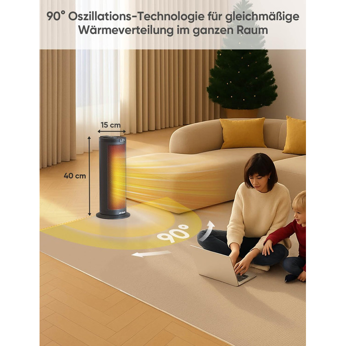 Електричний обігрівач з керамічним нагрівачем, 1500 Вт, з термостатом, захистом від перегріву, перекидання та для дітей, таймер 12 год, з пультом дистанційного керування (чорний, преміум)