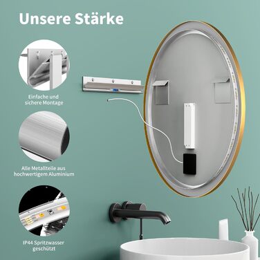 Дзеркало для ванної кімнати HOKO ULM 60 см з підсвічуванням LED, нагрівом проти запотівання та сенсорним вимикачем. Колір: золото. Розміри: 80x80 см