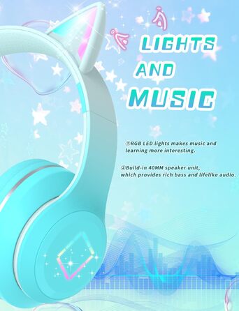 Бездротові навушники Bluetooth для дітей з LED-підсвіткою, котячими вушками та мікрофоном, HD стерео звук, складні, регульоване наголов'я, для дівчаток, PC/Tablet/навчання/школу (зелені)