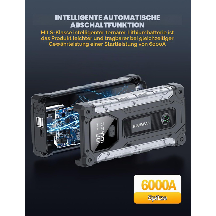 Пусковий пристрій (бустер) для автомобіля SHARMEAL 10000A, 12V Powerbank для бензинових та дизельних двигунів до 10.0 л, з LCD-дисплеєм та LED-ліхтарем