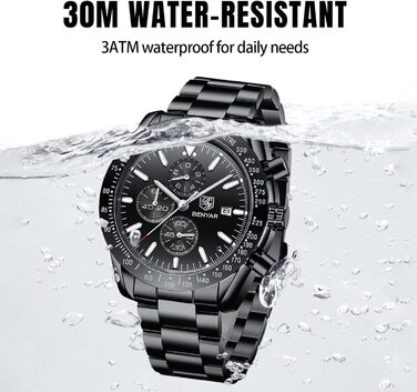 Годинник чоловічий BENYAR з коричневим шкіряним ремінком, кварцовий хронограф, відображення дати, водонепроникний, спортивний годинник з блакитно-чорним циферблатом, корпус з нержавіючої сталі