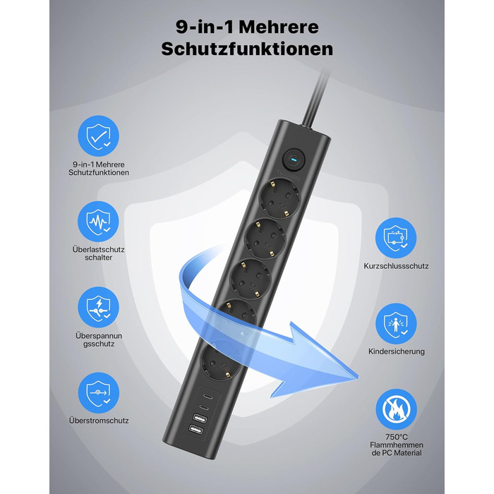Мережевий фільтр Steckdose 8 в 1 з USB, 3680W, з вимикачем, 16A, 2 USB-C, для смартфонів, ноутбуків, iPad, 1.8M кабель, білий (чорний 5AC)