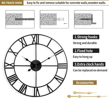 Mee 2ou Wall Clock Modern Almost Silent Without Ticking Sounds - Diameter Roman Numeral Wall Clocks Modern Living Room Wall Clock Vintage For Bedroom Kitchen Office Country Style Industrial Style (60CM, Black - Roman Numerals)