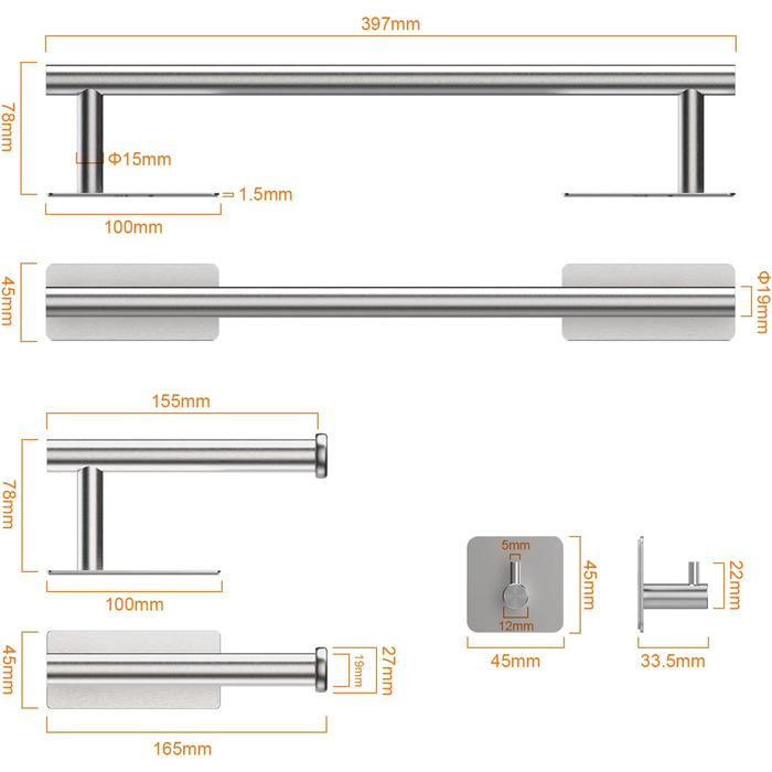 Тримач туалетного паперу Ibergrif без свердління, набір 5-в-1, 3 гачки для рушників, стійка для рушників, нержавіюча сталь, сріблястий, індустріальний стиль
