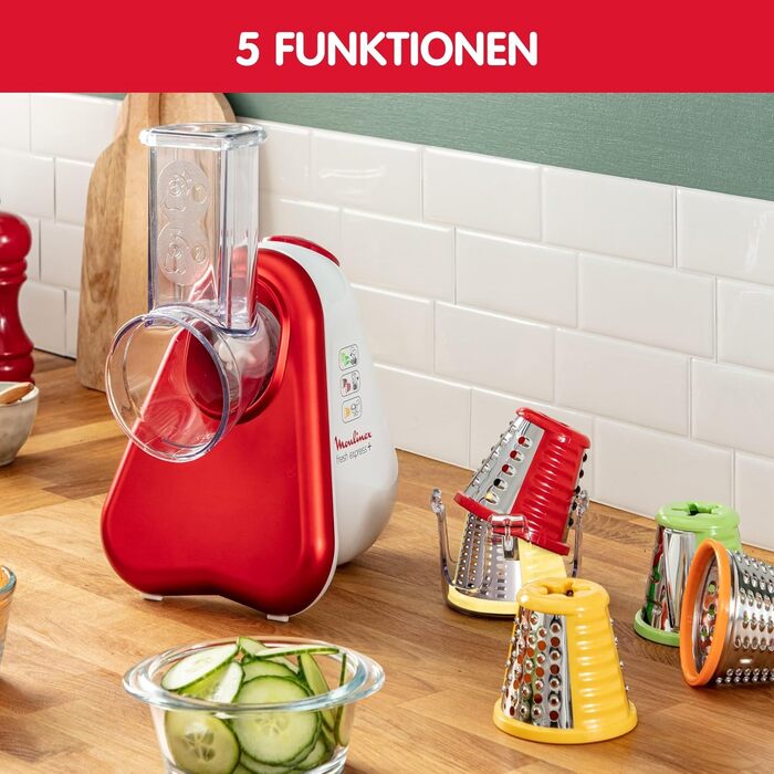 Moulinex DJ756G Fresh Express Plus: електричний овочевий слайсер та тертка, 5 насадок, 200W, червоно-білий
