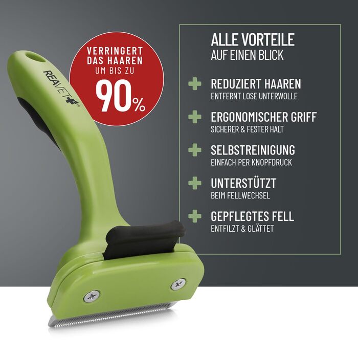 Гребінець для підшерстка ReaVET для собак та котів з короткою шерстю, середніх порід. Видаляє підшерсток, доглядає за верхнім шаром шерсті. З кнопкою самоочищення. Ідеальний для сезонного линяння. Гребінець для собак та котів, підходить для малих порід (S