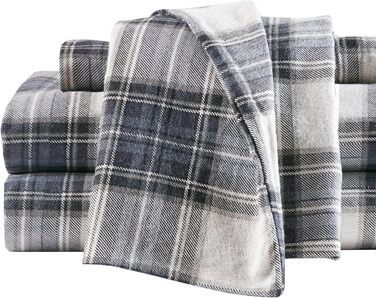 Comfort Spaces Cotton Flannel Sheet Set with Pillowcases, Breathable, Warm, Deep Pocket, for King Size Beds, Blue Tartan, Scottish Plaid Pattern, 4-Piece