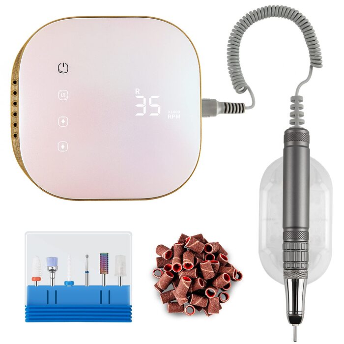 Електрична машинка для манікюру та педикюру Madenia TouchPro – 35000 об/хв, з LED-дисплеєм, 6 насадок (рожевий)