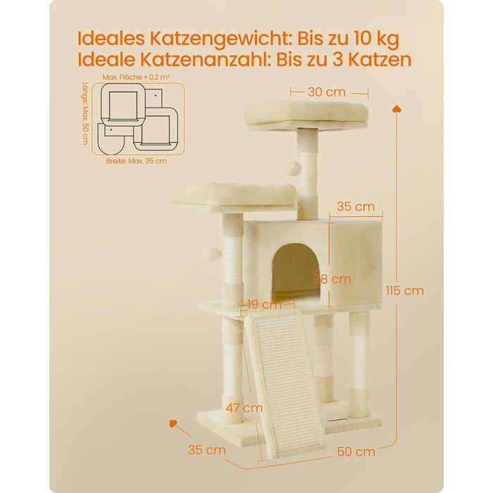 Драбина-кіготь Feandrea для котів, 115 см, бежева, з платформою та м'яким плюшем, повністю обмотана сизалем, PCT141W01