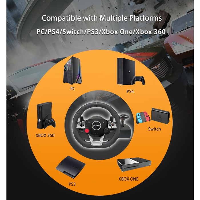 Руль для гонок VooFun з педалями, сумісний з PC, PS4, Switch, PS3, Xbox One/Xbox 360, 270°, програмовані кнопки, вібрація, чорний