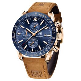 Годинник чоловічий BENYAR Quarz Chronograph, водонепроникний, з датою, браслет, класичний, для повсякденного та ділового стилю, коричнево-золотий, блакитний (прекрасний подарунок)