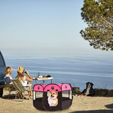 Клітка-забігайлище для цуценят та собак, складана, 73x73x43 см (рожевий+чорний)