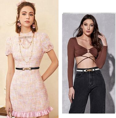 Жіночий тонкий шкіряний ремінь WHIPPY (2 шт.) з золотою пряжкою, 105/120 см, для талії до 95/110 см (чорний+білий)