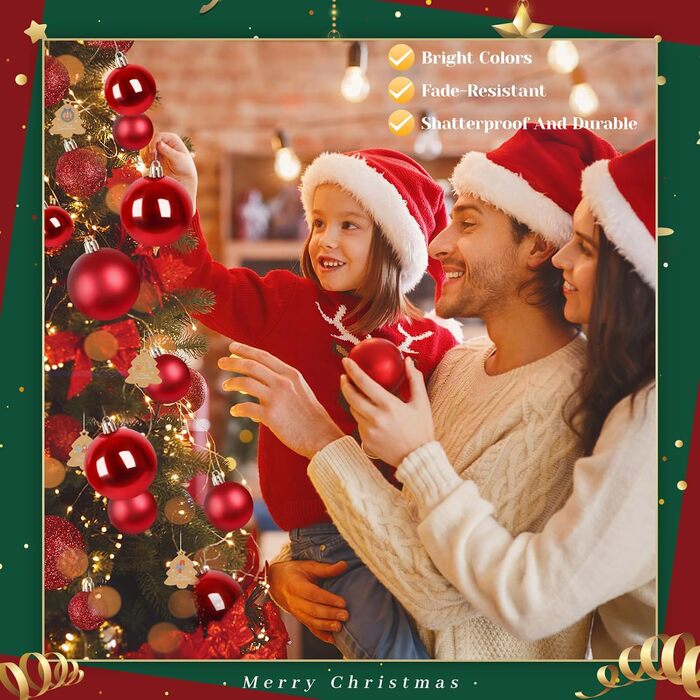 Набір прикрас для ялинки 141 шт. з пластику: матові, глянцеві, з блискітками, з вирізанням. Декоративні кулі для ялинки, червоні. Прикраси для дому та вулиці