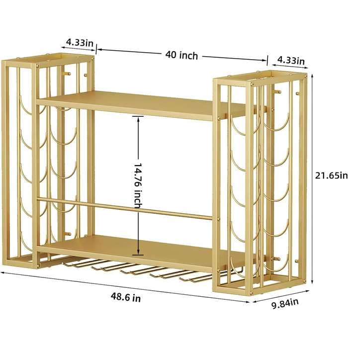 Настінна вітрина для вина Woskar, металева з тримачами для скла, 123,4 x 55 x 25 см, золота