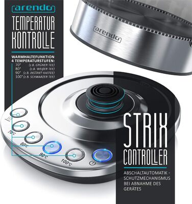 Електричний чайник Arendo з регулюванням температури, 1.5 л, скло, нержавіюча сталь, підтримання тепла 30 хв, Borosilikatglas, сучасний дизайн