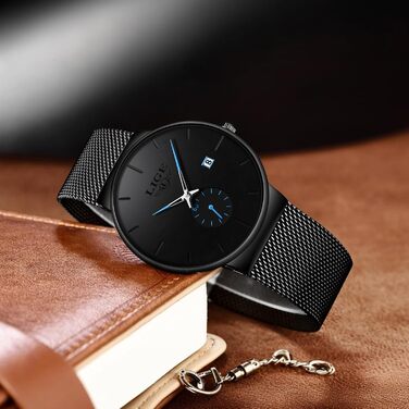 Годинник чоловічий LIGE Retro з нержавіючої сталі, водонепроникні, аналогові, кварцові, з датою, стильні, для бізнесу та повсякденного носіння, чорний / синій