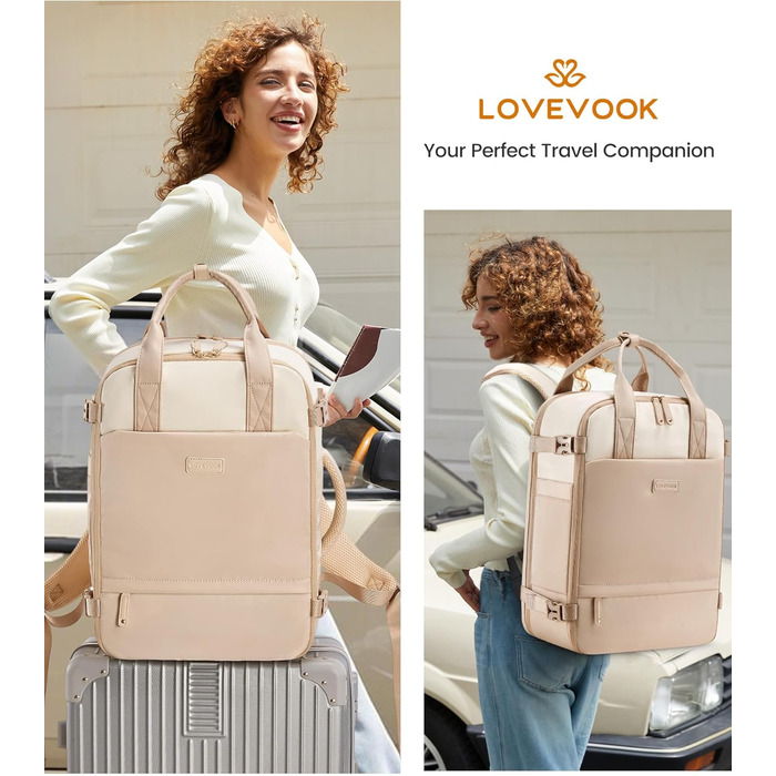 LOVEVOOK Рюкзак для ручної поклажі в літак, дорожній рюкзак для жінок великий 15.6 дюймів, рюкзак для подорожей, сумка-мішок на вихідні, водонепроникний, ручна поклажа, сумка для подорожей, бізнесу, відпочинку, 15.6 дюймів (Бежевий, Рожевий)