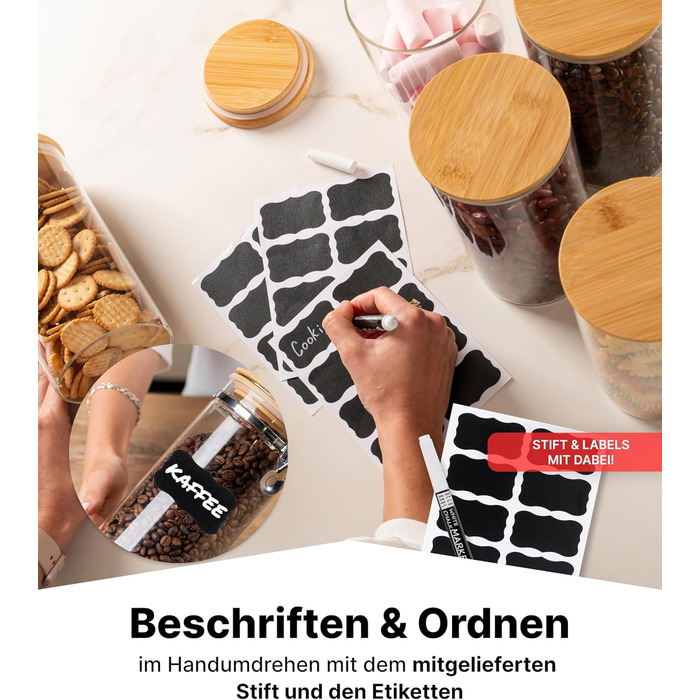 Набір кавових контейнерів Deco haus® 2 шт. з етикетками, 1,3 л - для кави, цукру, борошна, мюслі. Повітряно-непроникні контейнери для зберігання продуктів.