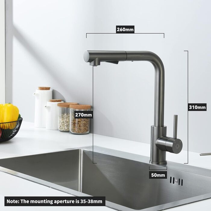 Змішувач кухонний висувний CECIPA з душем, нержавіюча сталь, 2 режими, 360° обертання, високий тиск, щіткова сталь (грашко-чорний)