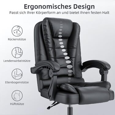 Крісло шеф-кухар Rattantree: ергономічне офісне крісло з регулюванням висоти та нахилу, PU шкіра, чорний колір, без підніжки