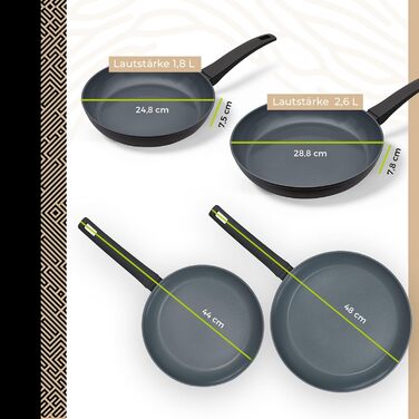 Набір сковорідок Be Living Delight 4 шт. (20/24/28 см + вок 28 см з кришкою), антипригарне покриття з кераміки, для індукційних плит, без PTFE та PFOA, чорний