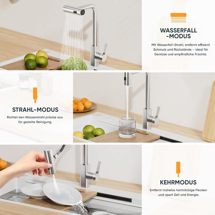 Кухонний змішувач BESy з 3 режимами струменя, висувна лійка, водоспад, поворотний на 360°, для високого тиску, з нержавіючої сталі SUS304, щіткова обробка