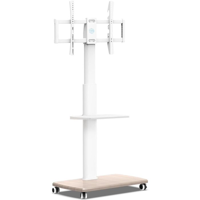 FITUEYES Rolling TV Stand with Wood Shelf - Adjustable Height & Swivel - Fits 32-70 inch TVs up to 40kg, VESA 400x600 - White