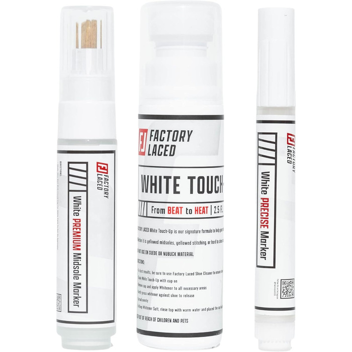 FACTORY LACED Sneaker Cleaner White Set including White Touch-Up Pen, Premium Midsole Marker, and Precise White Marker – Safe on Leather, Fabric, Nylon and more