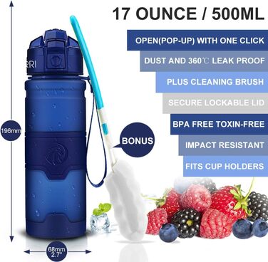 ZORRI Sport Water Bottle for Kids, 500 ml/700 ml/1000 ml, BPA-free, eco-friendly Tritan plastic, reusable water bottles with filter, 1000ml-32oz (Dark Blue, 503 ml)
