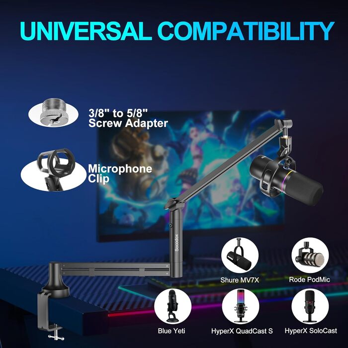 Низькопрофільний мікрофонний важіль, міцний тримач для мікрофону з кріпленням до столу 7 см, адаптери 3/8' та 5/8', для Blue Yeti, подкастів, геймінгу, вантажопідйомність до 2 кг, чорний