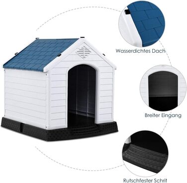 GYMAX Будка для собак на вулицю з похилим дахом та піднятим дном, пластикове собаче будиночок, вологостійка собача будка в стилі кантрі (Білий + Синій, 72,5 x 66 x 70,5 см)