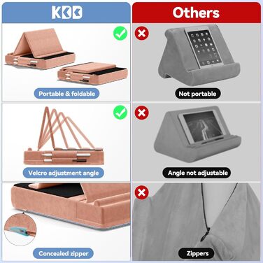 Підставка-подушка для планшета та смартфона KDD, складана тримач для ліжка з регульованим кутом нахилу та тримачем для стилуса, м'який чохол для iPad Pro 12.9, 11, Air, Mini та електронних книг (Peach Fuzz)