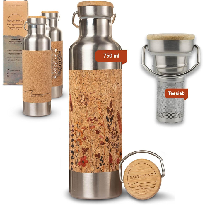 Stainless Steel Water Bottle 750ml - Sustainable, insulated Thermo Water Bottle made of Stainless Steel, leak-proof - Iso Bottle without harmful substances, BPA-free - Thermos Drinking Bottle (Floral Print) (Flowers (Print) + Tea Strainer)