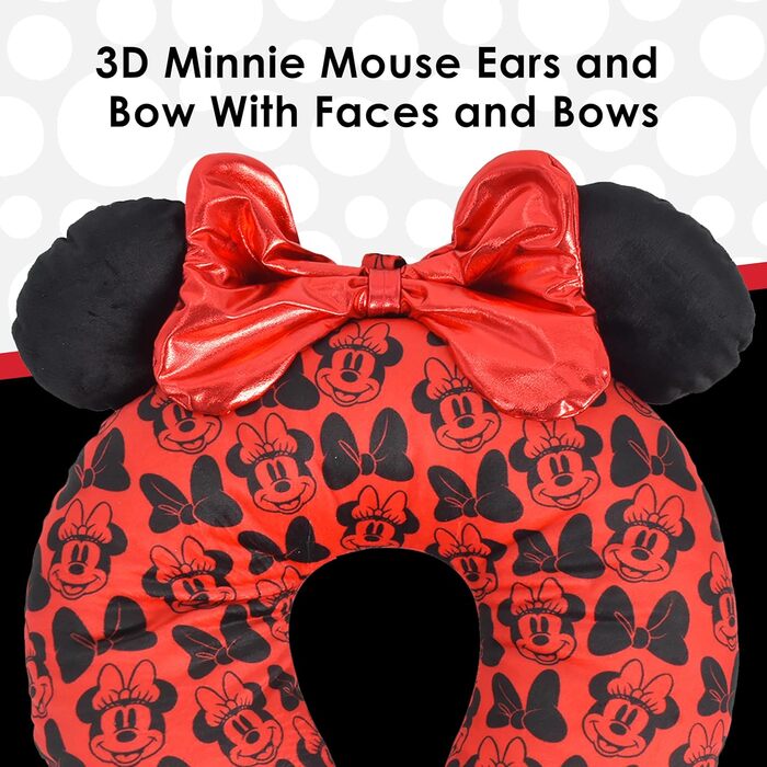 Подушка для шиї Disney Minnie Mouse з 3D-вушками та бантиком для подорожей (літак, авто, офіс), червоно-чорна, One Size