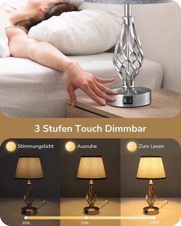 LED-лампа на тумбочку EDISHINE, 2 шт. в наборі, торшери з USB, диммування, сірий абажур, для спальні, вітальні, подарунок