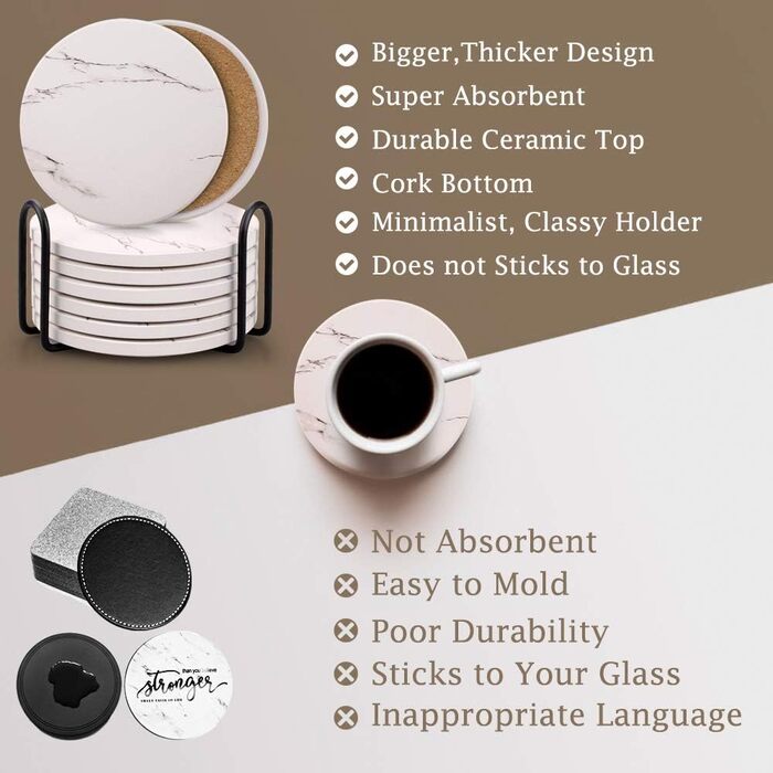 Coasters for Drinks, Absorbent Ceramic Stone Coasters Set with Metal Holder Stand, Cork Base, Marble Surface Pattern, Cup Placemats for Home Decor, Set of 6 - White