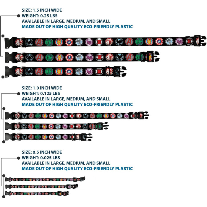 Нашийник Buckle-Down Marvel Avengers з пластиковим кліпом, чорний/кольоровий, ширина 3.8 см, розмір L (45.7-81.3 см)