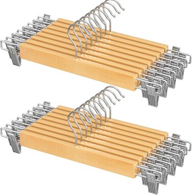 Набір вішалок для штанів SONGMICS 16 шт. з дерева, з регульованими кліпсами, протиковзні, для штанів, шортів та спідниць, натуральний колір