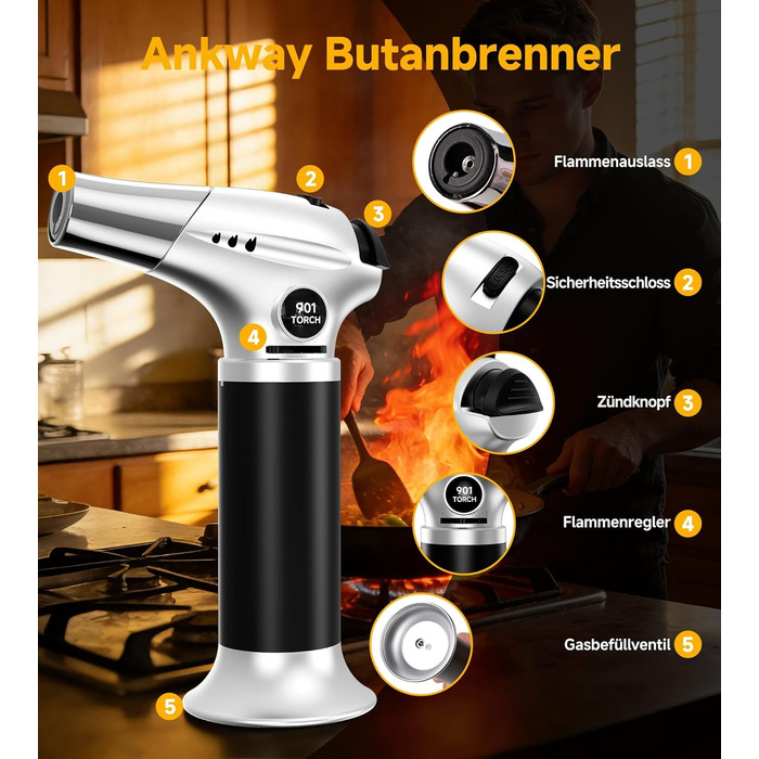 Кулінарний пальник Ankway для карамелізації та фламбування, газовий пальник для Крем-брюле з замком безпеки, регульований, сріблястий (бутан не входить)