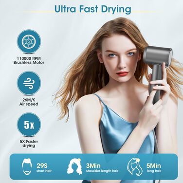 Фен Vasip з безщітковим мотором 110 000 об/хв, 200 млн негативних іонів, дифузор та концентратори, 4 режими нагріву та 2 швидкості